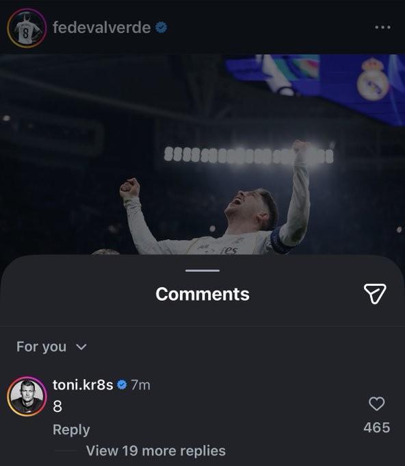 巴尔韦德晒照庆祝取胜，克罗斯评论区留言：8